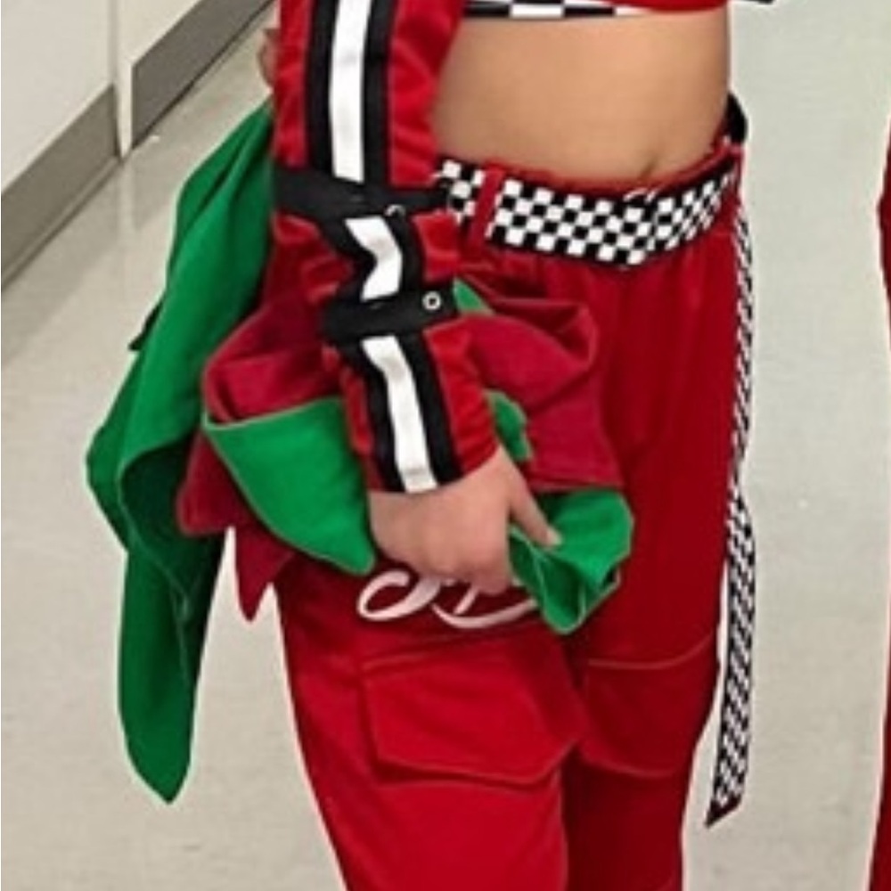 Red and Green Racing Outfit with Checkered Details